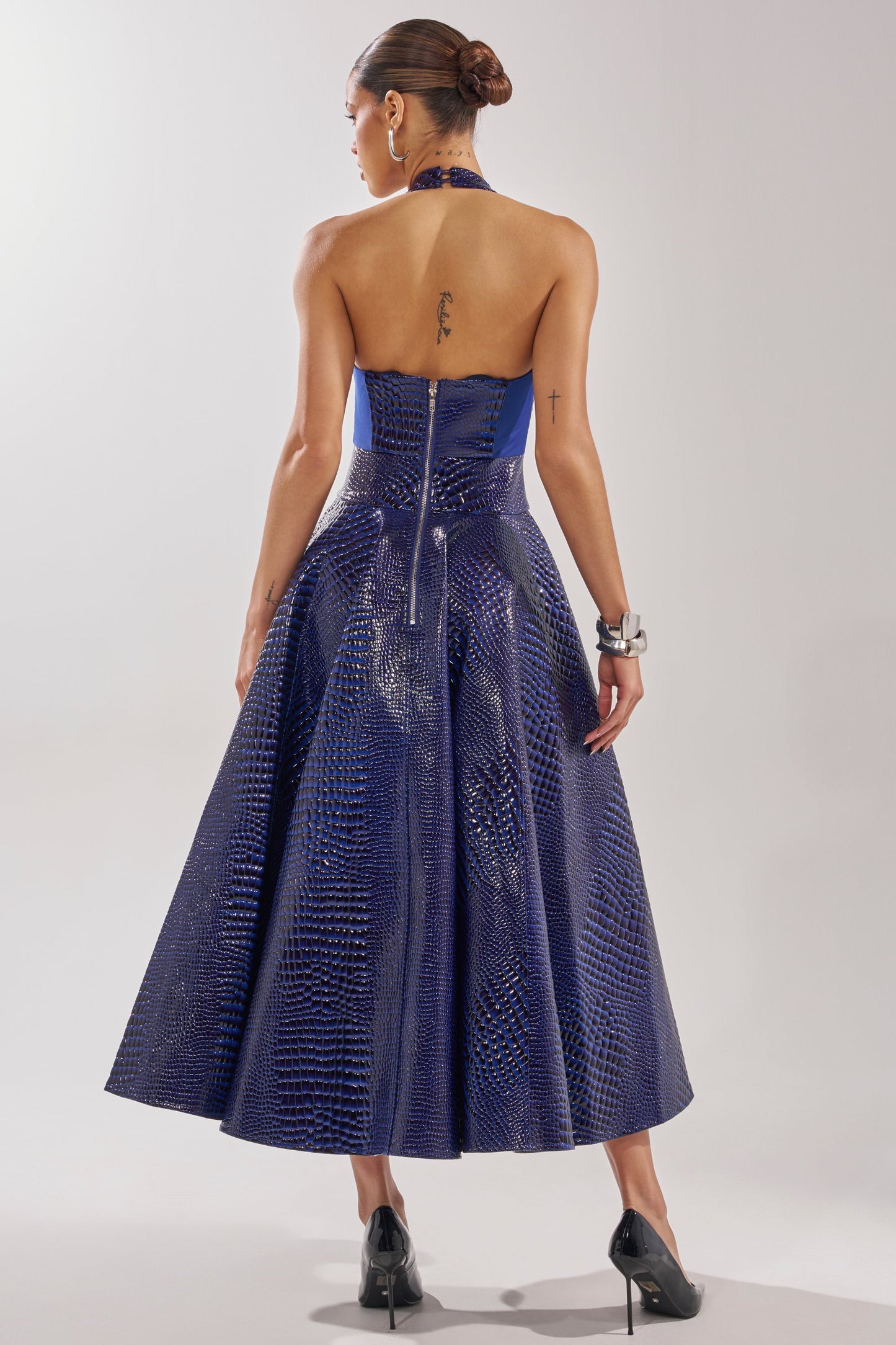 Navy Croc Print Halter Neck A-Line Midi Dress