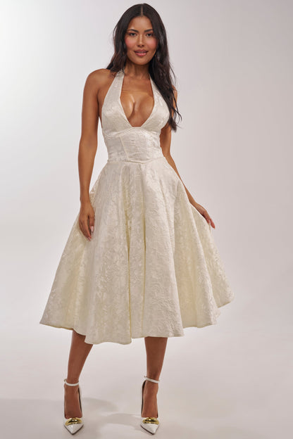 White Floral Brocade Halter Fit Flare Midi Dress