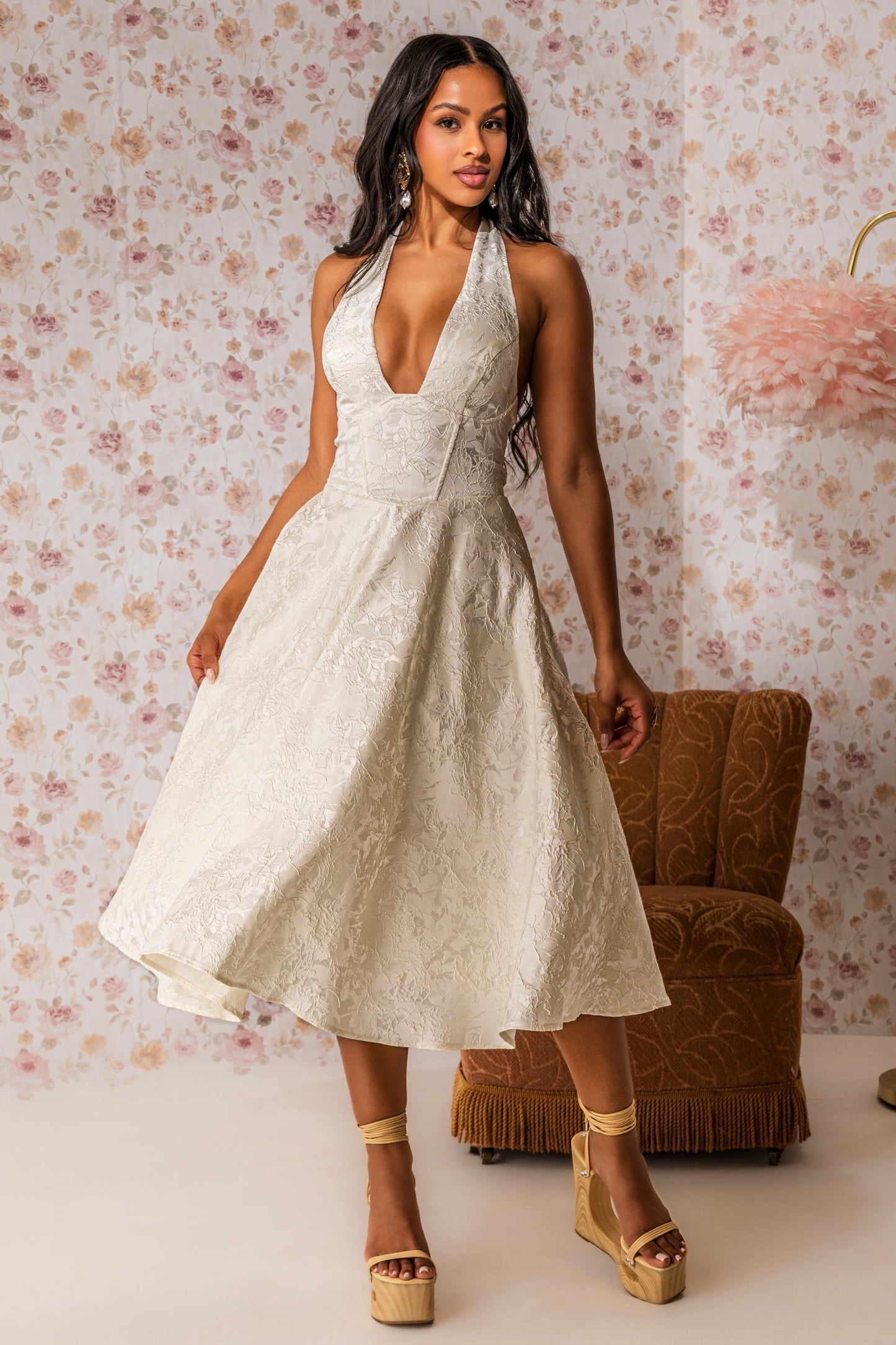White Floral Brocade Halter Fit Flare Midi Dress
