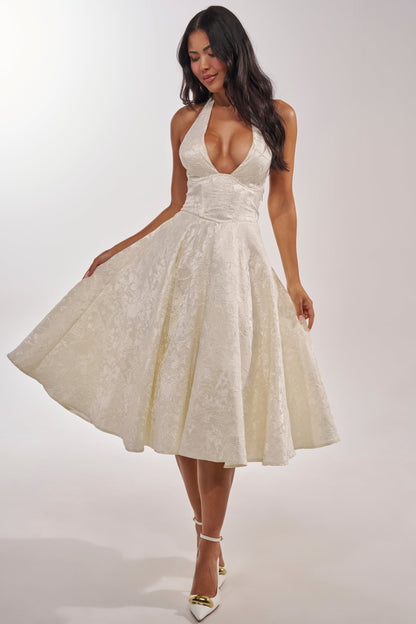 White Floral Brocade Halter Fit Flare Midi Dress