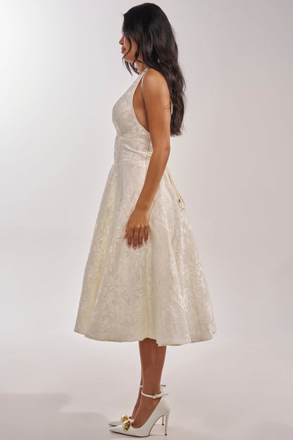 White Floral Brocade Halter Fit Flare Midi Dress