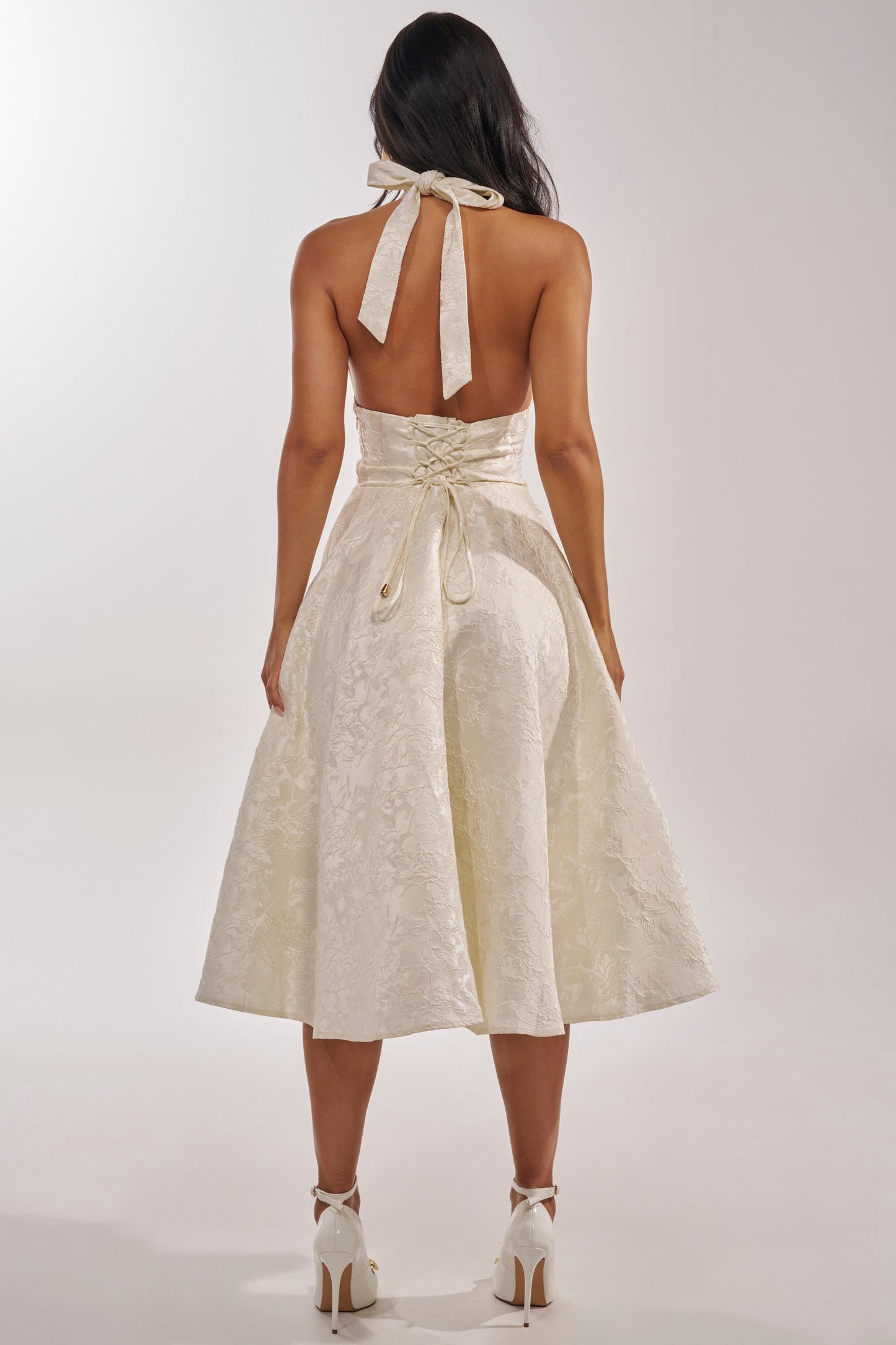 White Floral Brocade Halter Fit Flare Midi Dress