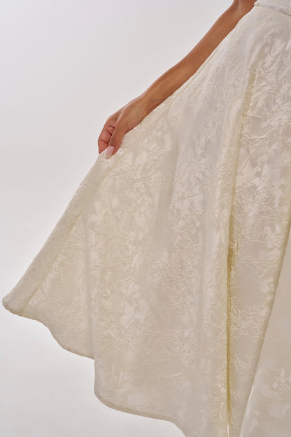 White Floral Brocade Halter Fit Flare Midi Dress