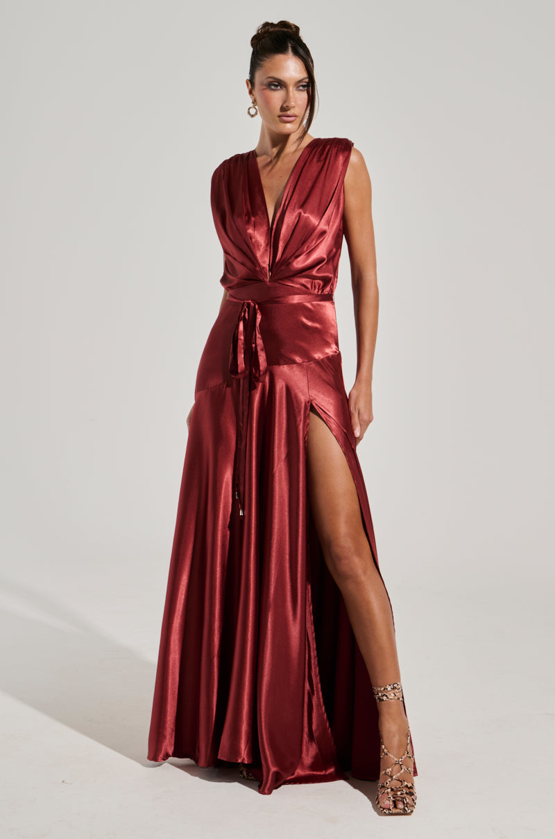 Red Satin Plunge Tie Waist Slit Maxi Dress