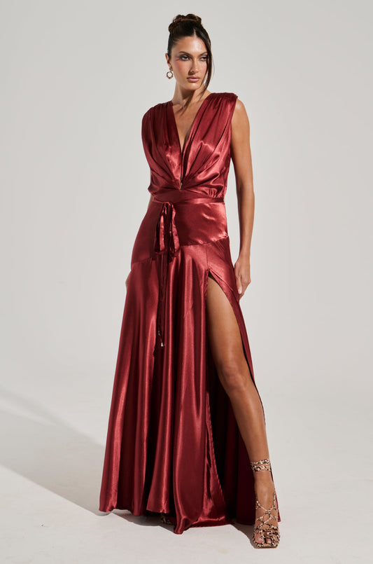 Red Satin Plunge Tie Waist Slit Maxi Dress