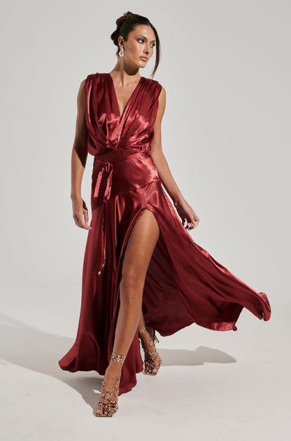 Red Satin Plunge Tie Waist Slit Maxi Dress