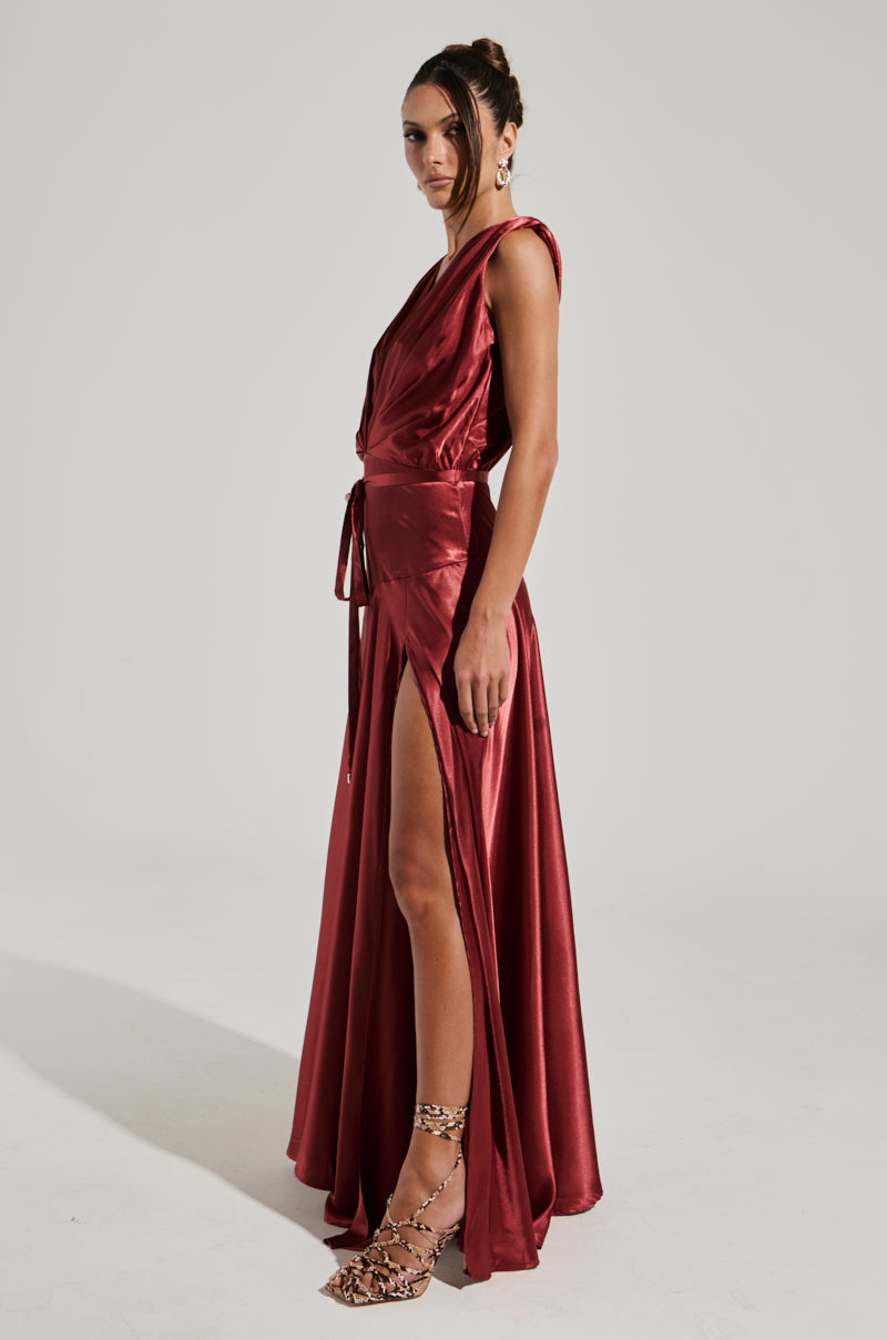 Red Satin Plunge Tie Waist Slit Maxi Dress