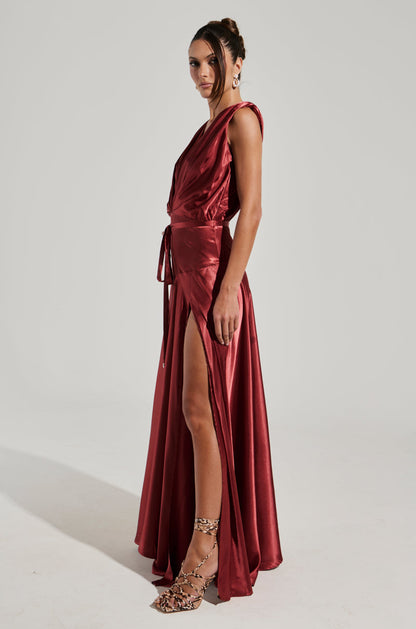 Red Satin Plunge Tie Waist Slit Maxi Dress