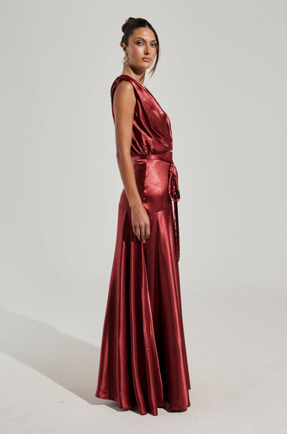Red Satin Plunge Tie Waist Slit Maxi Dress