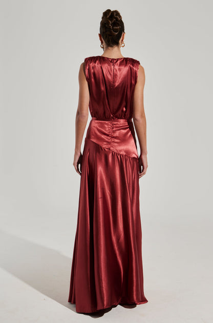 Red Satin Plunge Tie Waist Slit Maxi Dress