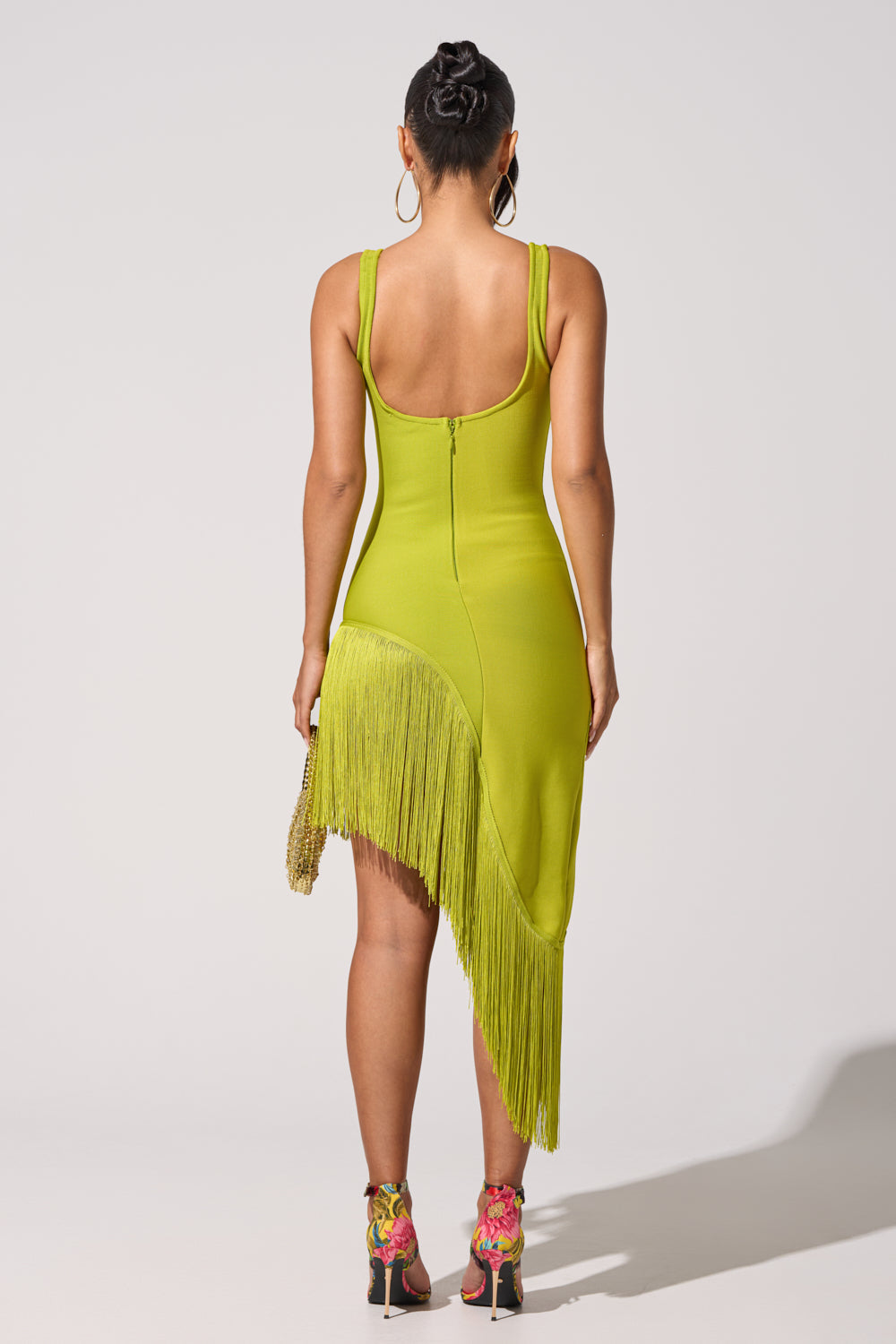 Lime Green Fringe Asymmetric Hem Bodycon Midi Dress