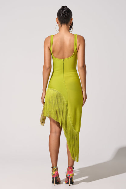 Lime Green Fringe Asymmetric Hem Bodycon Midi Dress