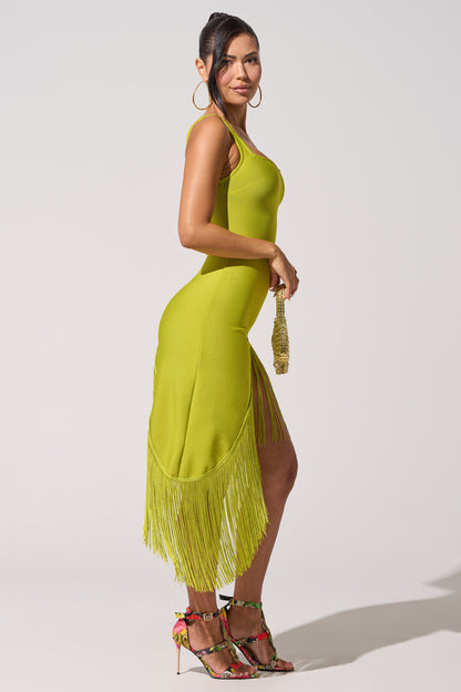 Lime Green Fringe Asymmetric Hem Bodycon Midi Dress