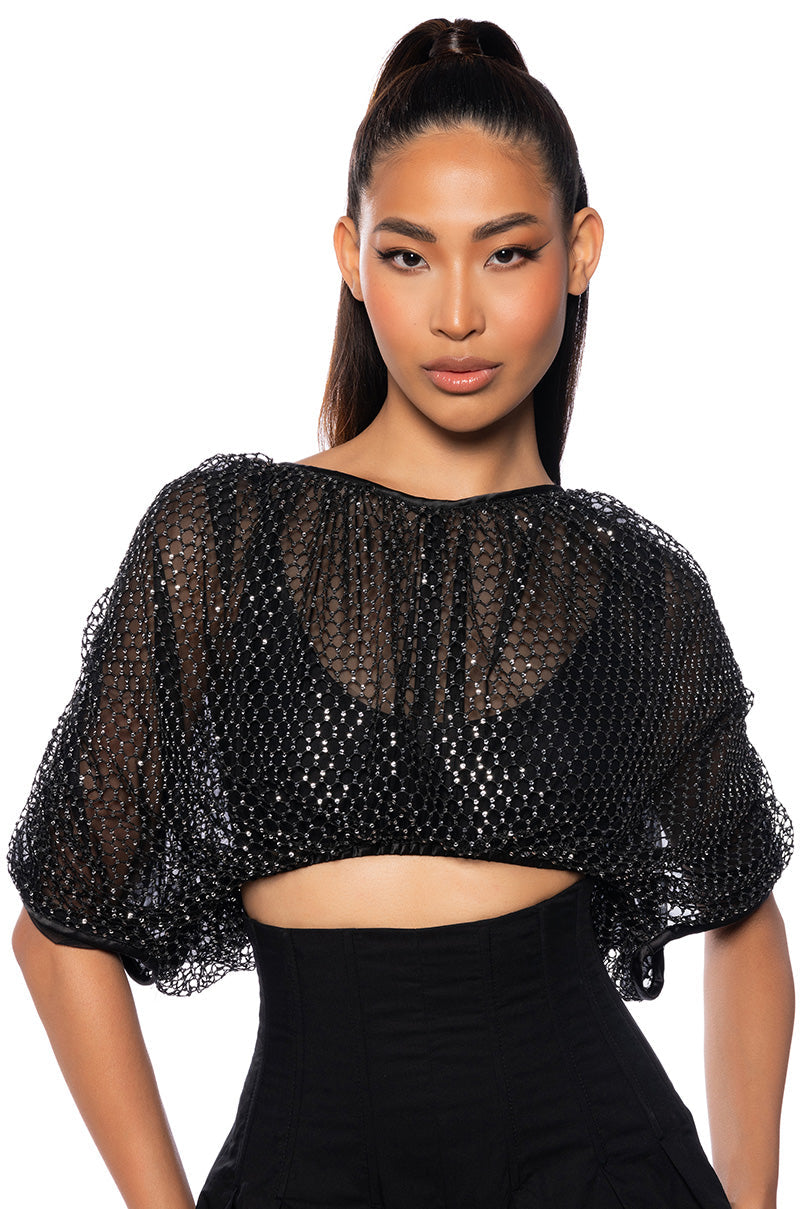Black Sequin Mesh Oversized Crop Top