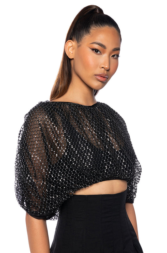 Black Sequin Mesh Oversized Crop Top