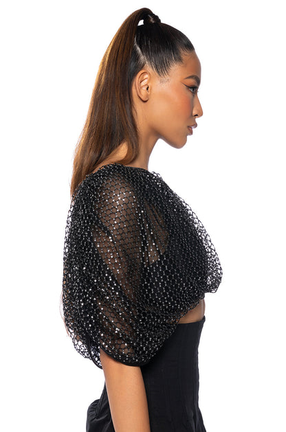 Black Sequin Mesh Oversized Crop Top