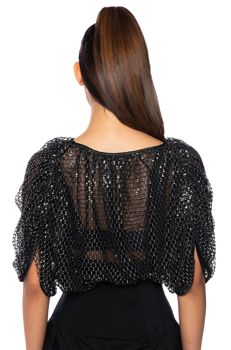 Black Sequin Mesh Oversized Crop Top