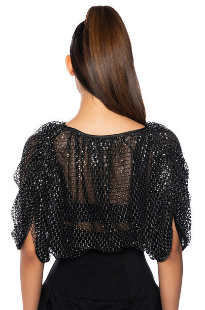 Black Sequin Mesh Oversized Crop Top