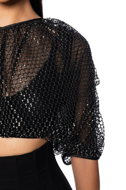 Black Sequin Mesh Oversized Crop Top