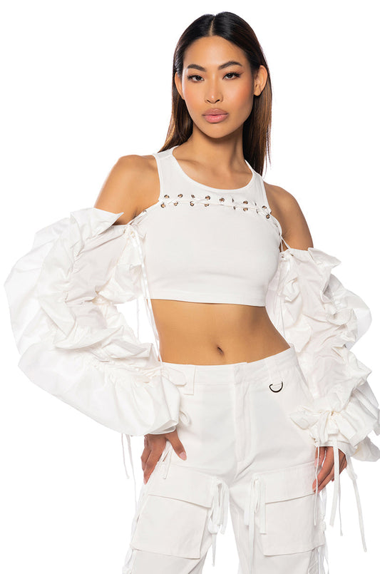 White Cold Shoulder Ruched Sleeve Crop Top