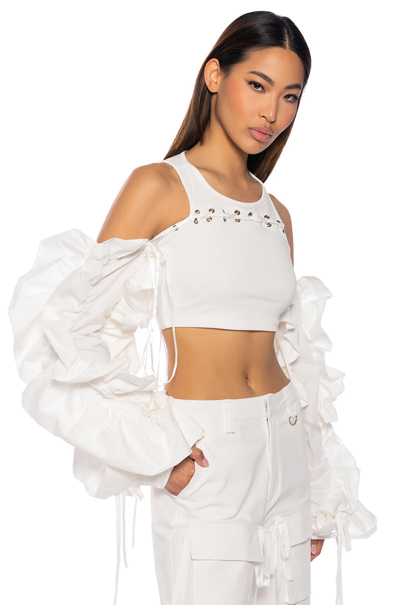 White Cold Shoulder Ruched Sleeve Crop Top