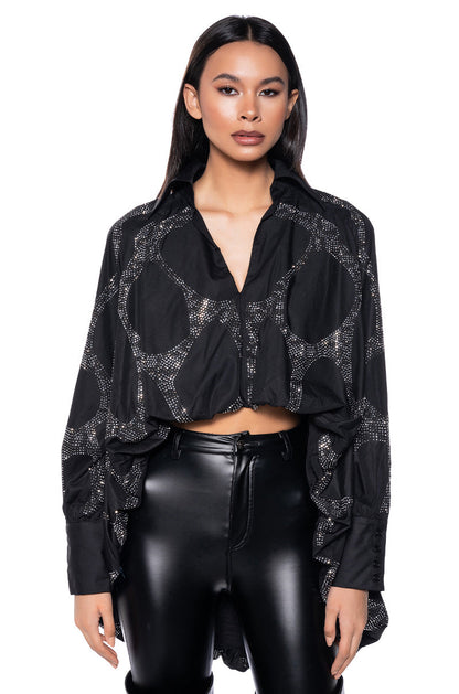 Black Sparkle Geometric Print Cropped Blouse