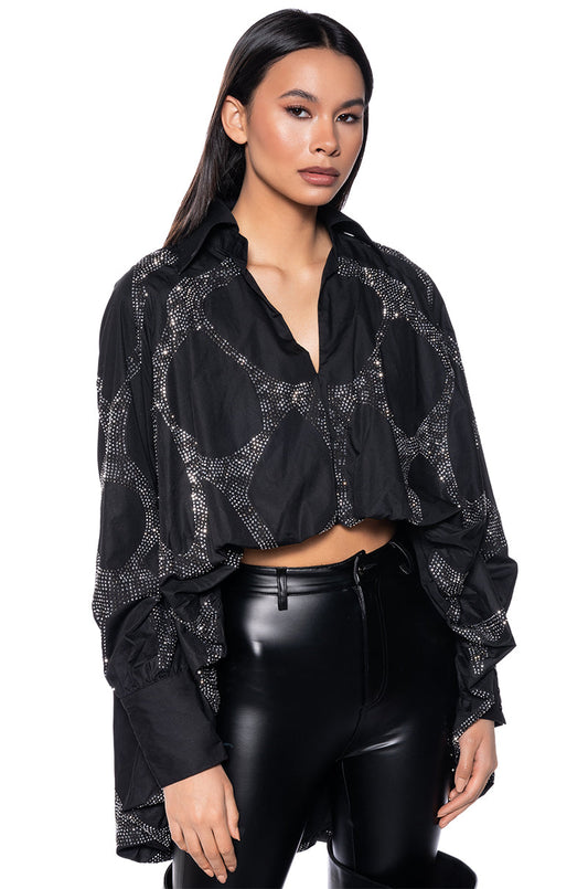 Black Sparkle Geometric Print Cropped Blouse