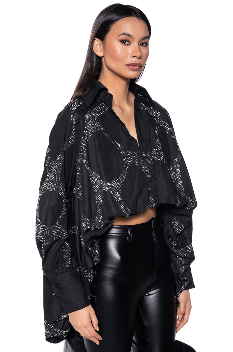 Black Sparkle Geometric Print Cropped Blouse