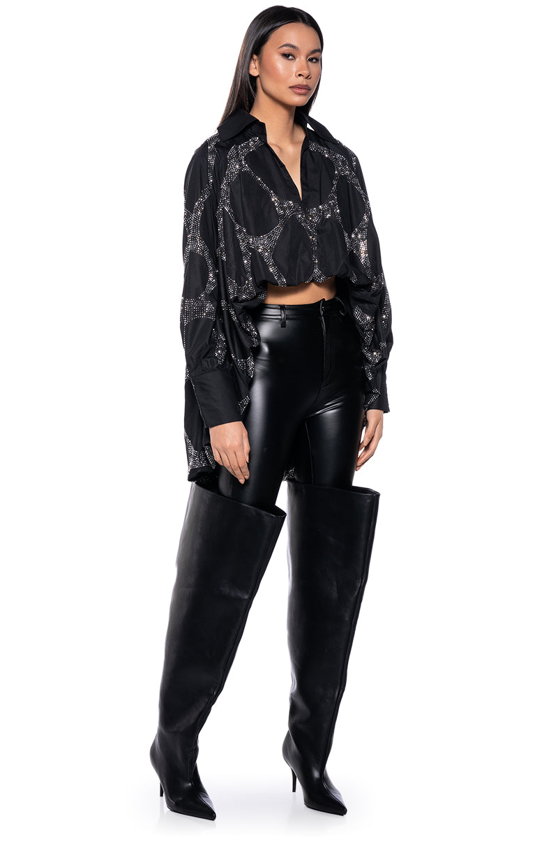 Black Sparkle Geometric Print Cropped Blouse