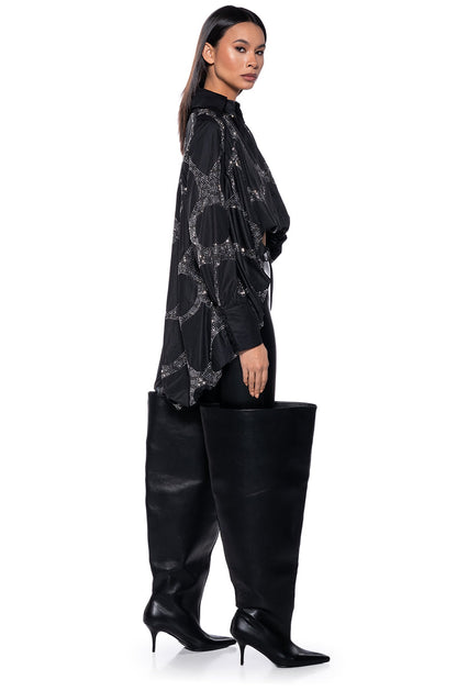 Black Sparkle Geometric Print Cropped Blouse