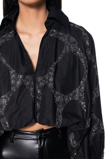 Black Sparkle Geometric Print Cropped Blouse