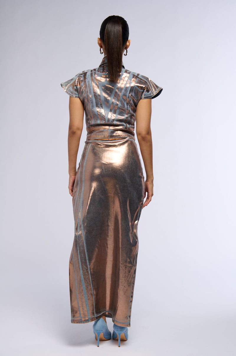Rose Gold Metallic Denim Collar Slit Maxi Dress