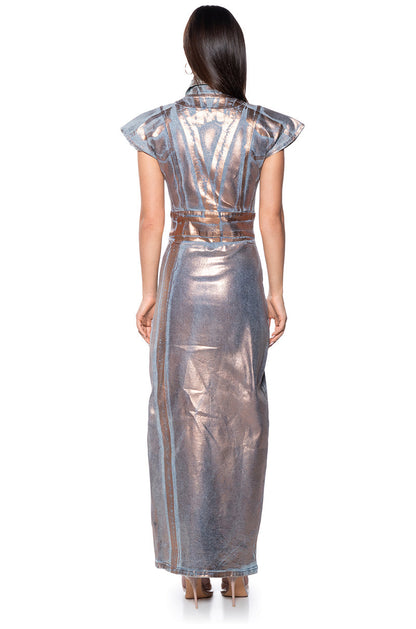 Rose Gold Metallic Denim Collar Slit Maxi Dress