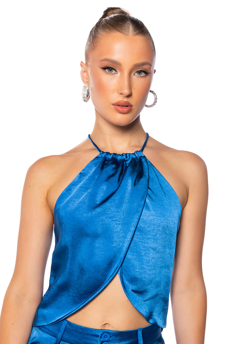 Blue Silky Halter Tulip Hem Crop Top