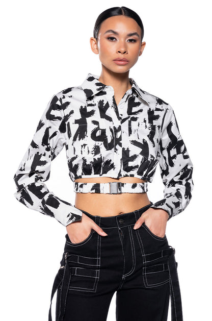 White Black Abstract Print Cropped Button Down Shirt