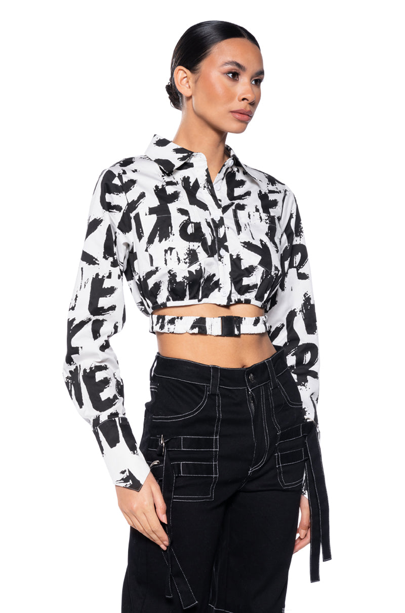 White Black Abstract Print Cropped Button Down Shirt