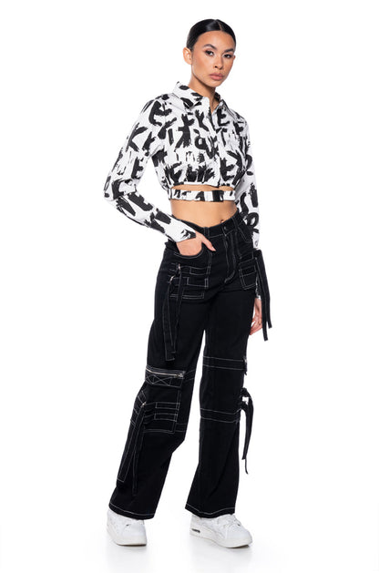 White Black Abstract Print Cropped Button Down Shirt