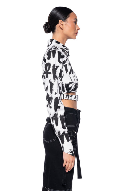 White Black Abstract Print Cropped Button Down Shirt