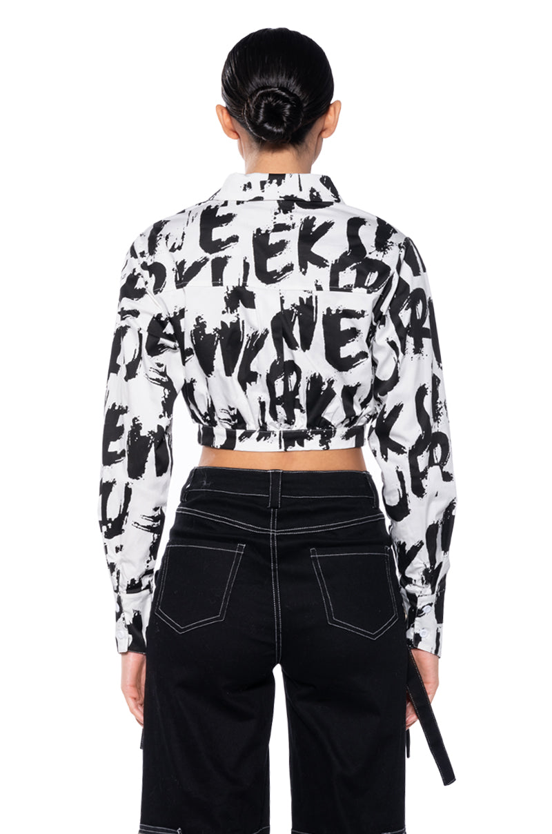 White Black Abstract Print Cropped Button Down Shirt