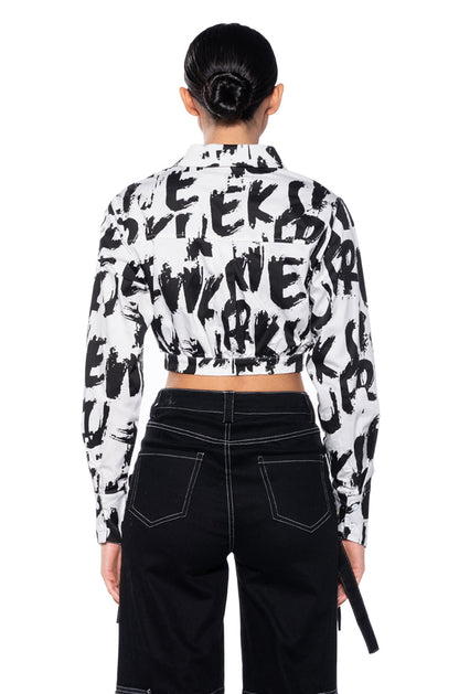 White Black Abstract Print Cropped Button Down Shirt