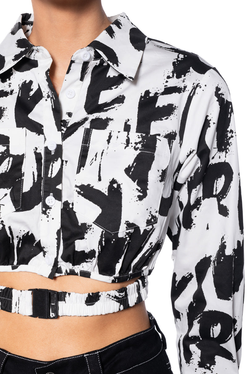 White Black Abstract Print Cropped Button Down Shirt