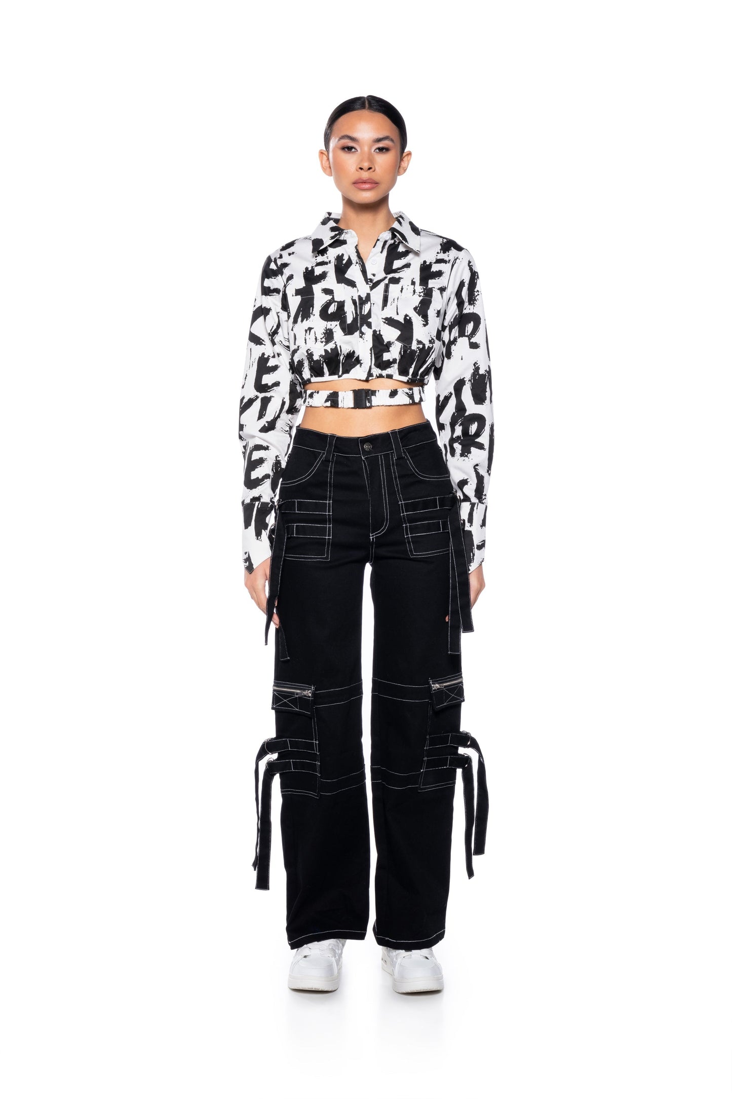 White Black Abstract Print Cropped Button Down Shirt