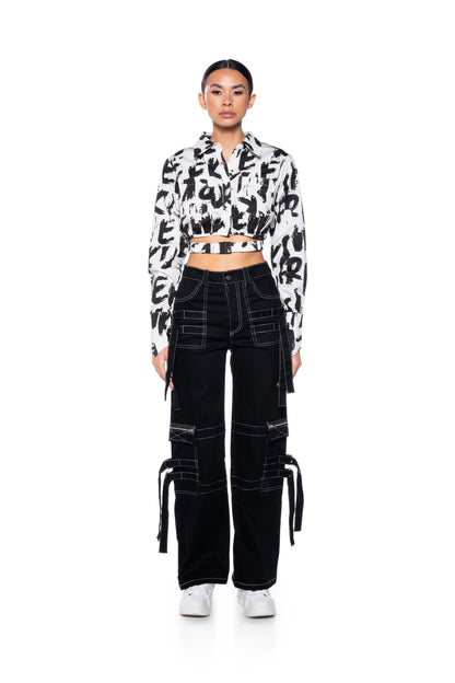 White Black Abstract Print Cropped Button Down Shirt